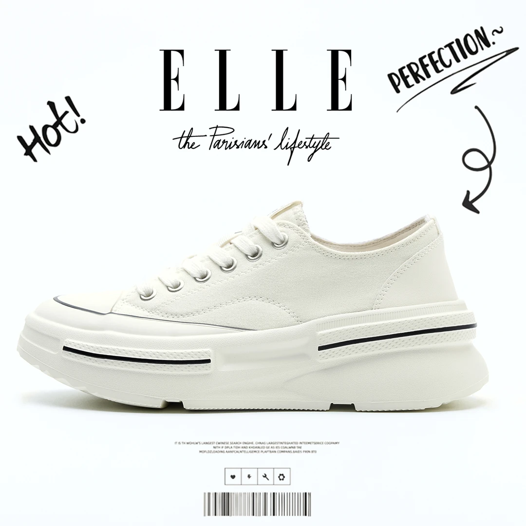 ELLE5CM厚底增高小白鞋女真皮透气休闲板鞋气质百搭帆布鞋潮鞋子