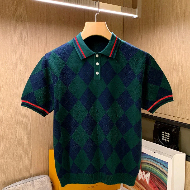 DeweLvum夏季新款针织拼色菱格短袖polo衫男英伦复古翻领上衣男装