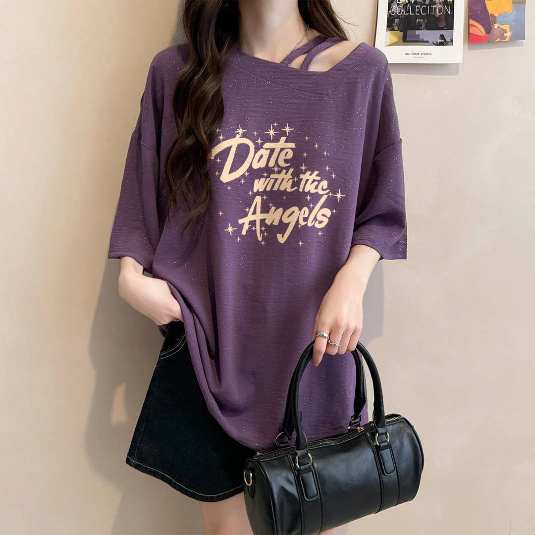 紫色斜肩短袖T恤女夏季2025爆款韩版宽松亮闪闪设计感纯欲风上衣