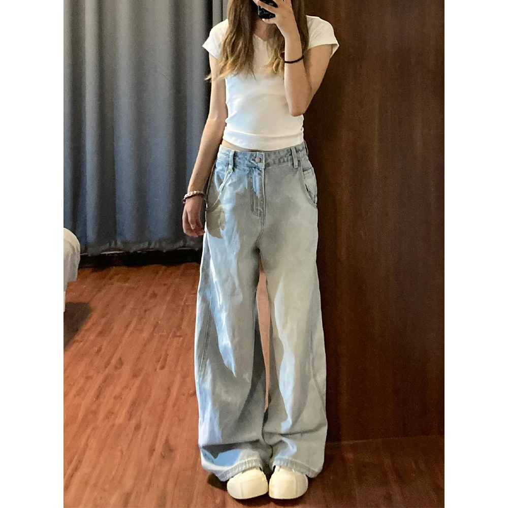水洗浅色阔腿牛仔裤女春季新款设计感高腰宽松显瘦垂感直筒长裤子