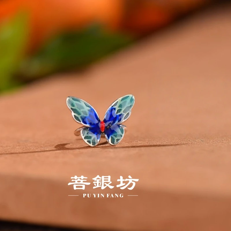 925银珐琅耳饰 【菩银坊】蝴蝶耳骨扣 显脸小耳饰