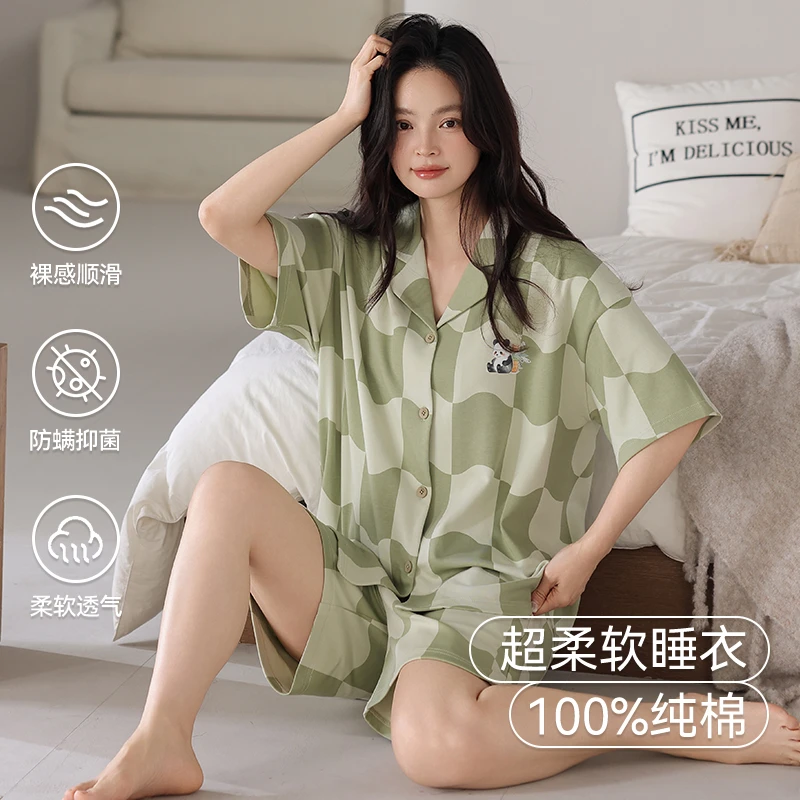 睡衣女款夏天纯棉短袖短裤甜美套装夏季女士开衫宽松可外穿家居服
