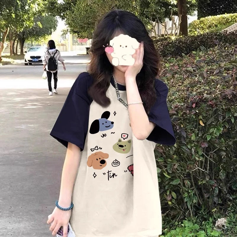 夏季潮牌胖MM宽松大码女装上衣短袖韩版百搭2-300斤半袖拼色T恤衫