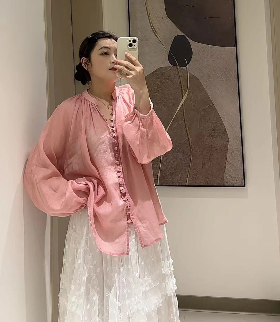 欧货粉色苎麻长袖衬衫