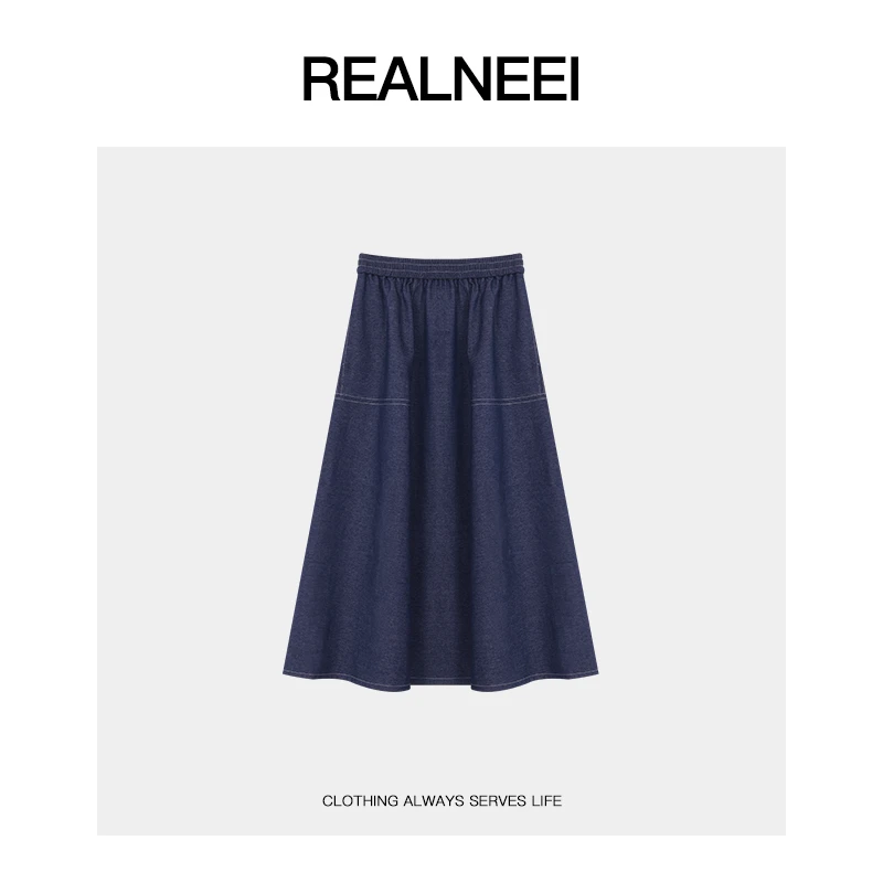 REALNEEI【解构半裙】春款松紧腰A字裙中长百搭牛仔半身休闲裙01186