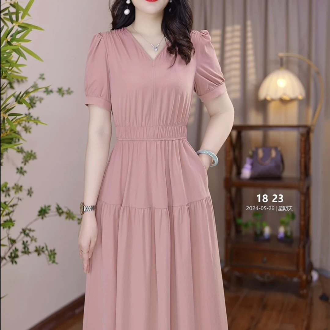 2025新款洋气精致修身自然收腰显瘦V领短袖连衣裙