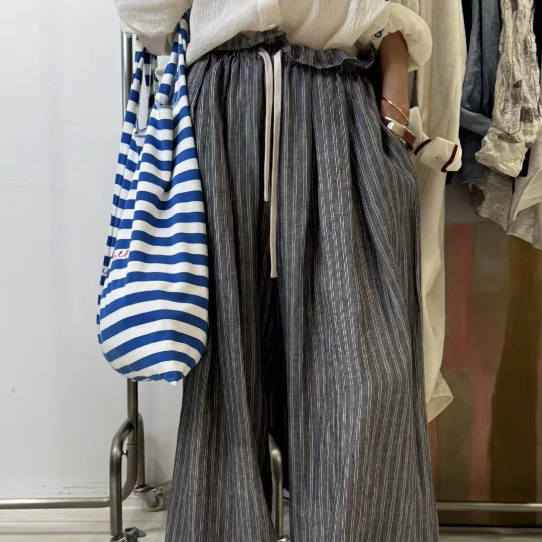 BANANA蓝条亚麻花朵腰裤