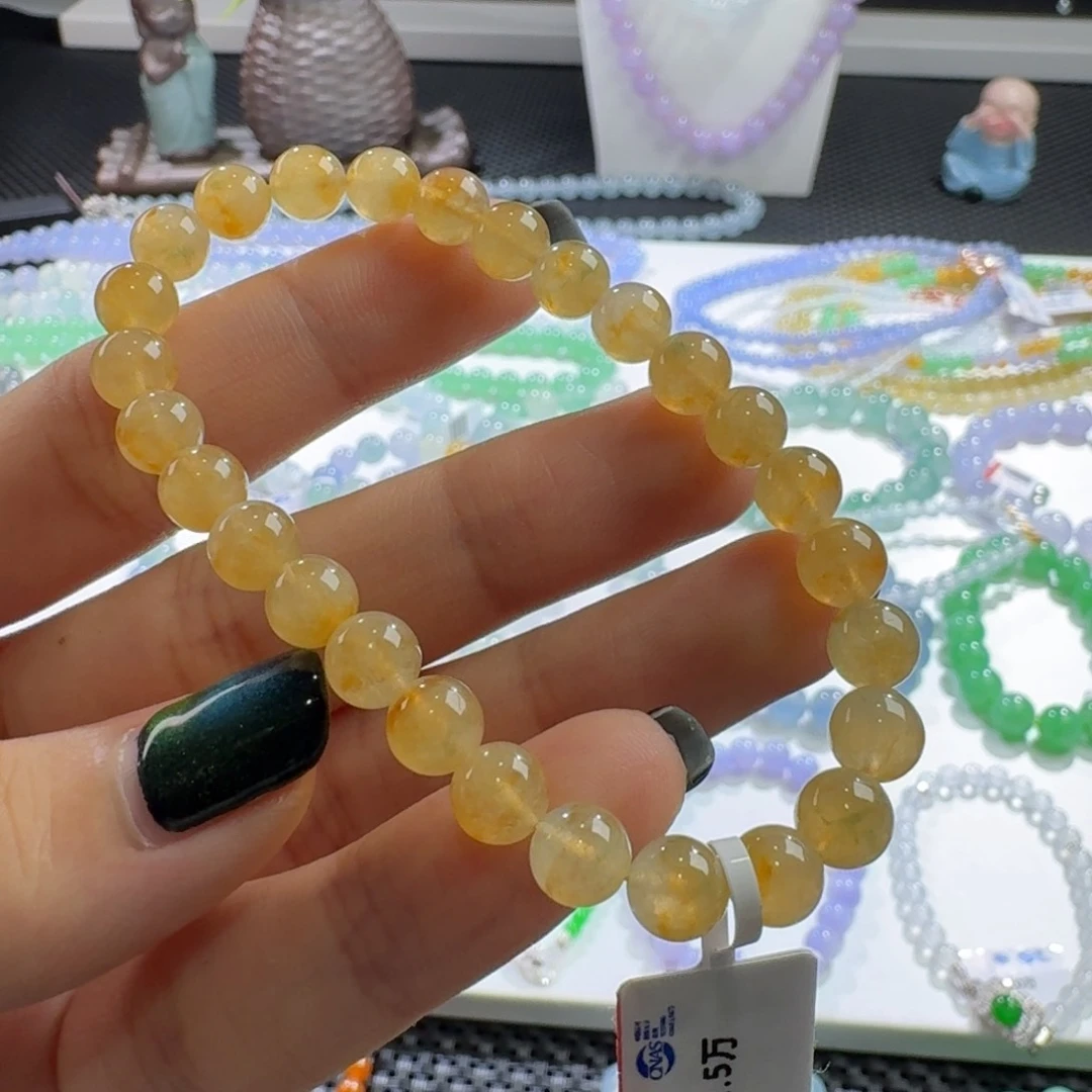 翡翠手链未镶嵌高冰金吉黄加绿手串卡6.8 金灿灿！