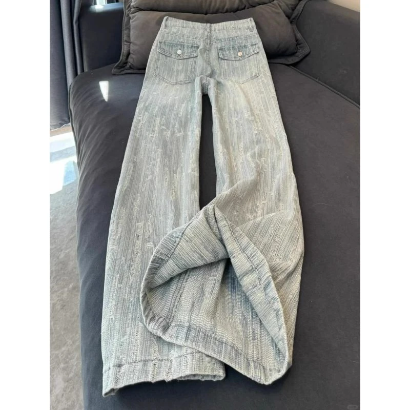 纹理提花微喇牛仔裤女2025年流行新款宽松显瘦垂感马蹄裤子拖地裤