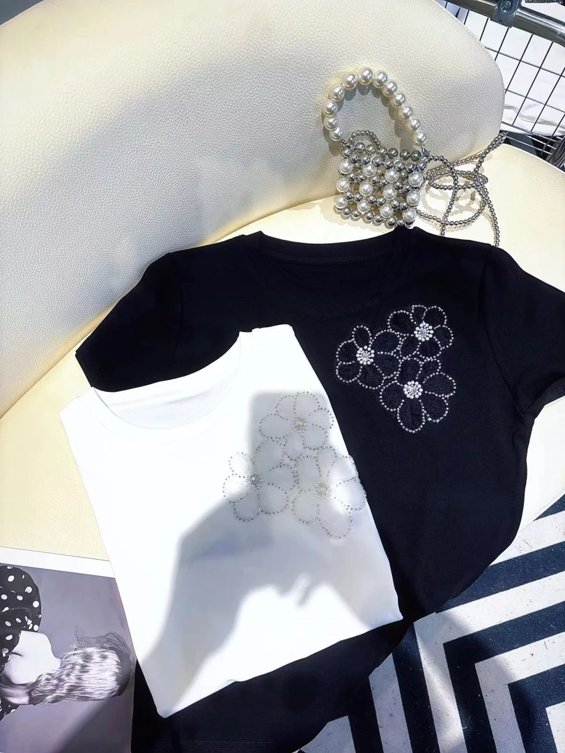 蕾丝花朵珠片绣轻奢重工 正肩2025夏新款领短袖棉T恤女上衣百搭