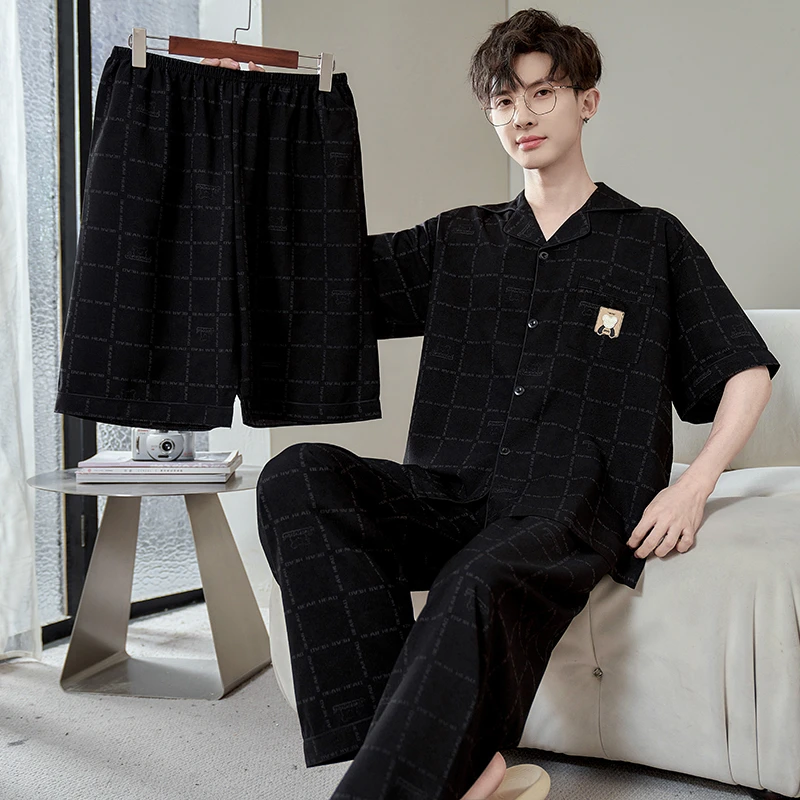 男士睡衣夏季薄款2025年新款三件套短袖短裤长裤大码可外穿家居服