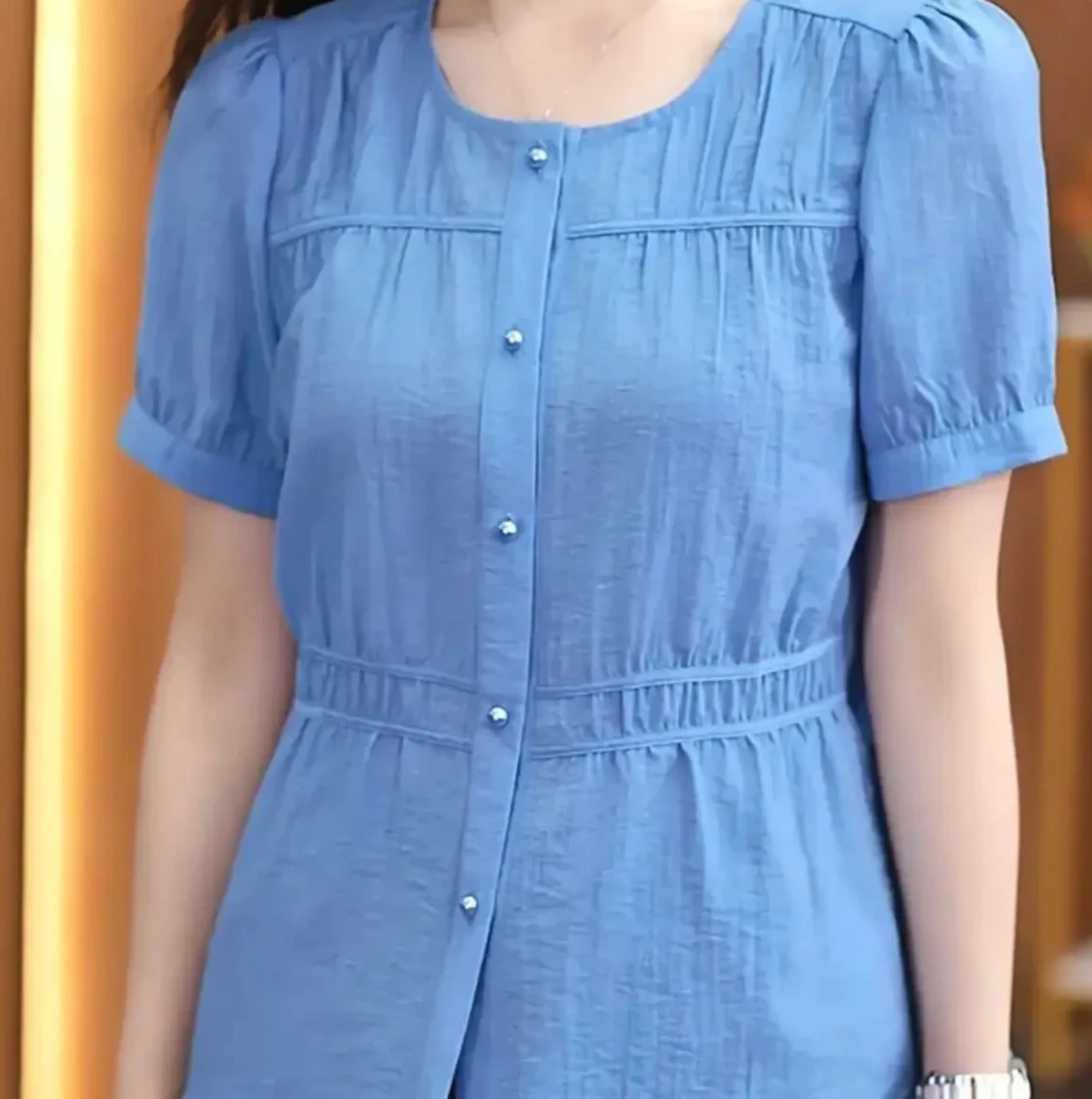 718-夏装热卖圆领短袖衬衣洋气装纯色衬衫上衣短袖