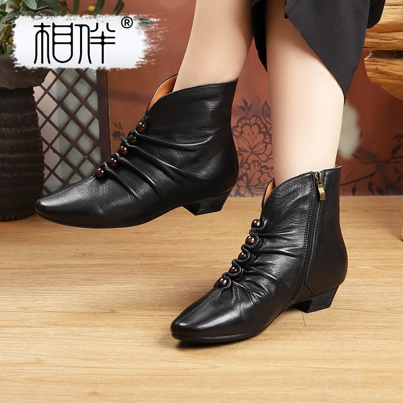 相伴手工真皮秋冬季短靴女串珠中跟复古短筒民族风女士靴子53266
