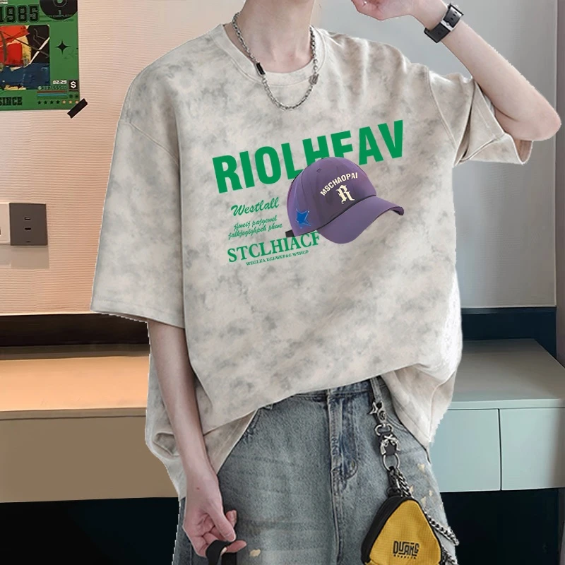 潮牌扎染纯棉短袖t恤男士夏季宽松大码美式休闲潮流百搭印花半袖