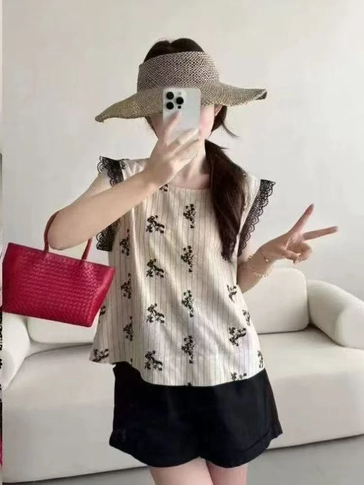 竖条纹刺绣无袖上衣6887