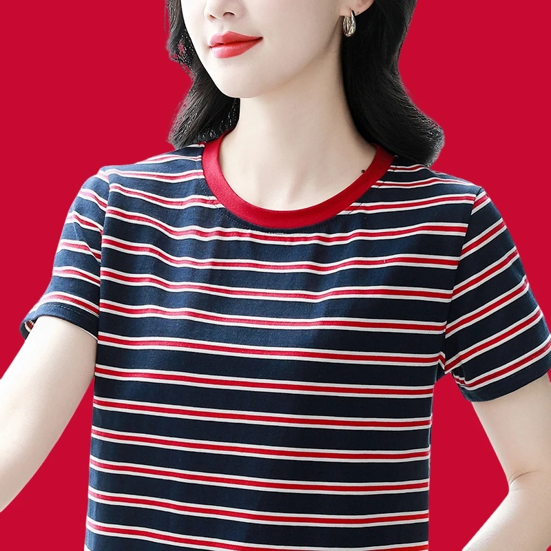 彩色条纹圆领女士短袖t恤大码宽松棉质t恤女中老年人妈妈装夏装