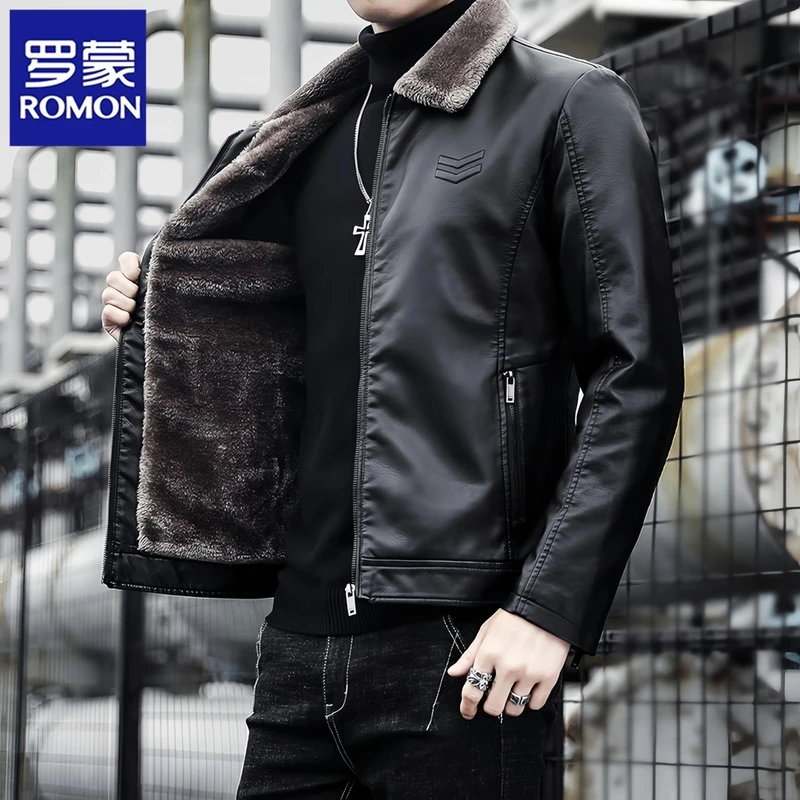 罗蒙新款男士翻领皮衣秋冬季加绒加厚商务休闲行政夹克外套机车服
