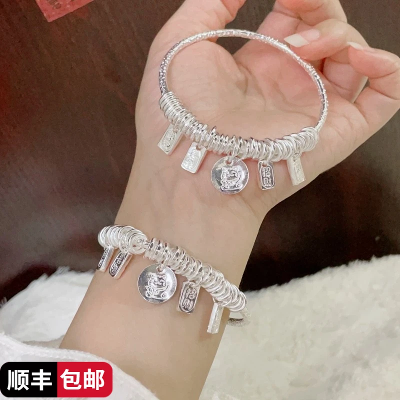 足银手镯 9999银盘缠吉言银手镯平安喜乐招财猫