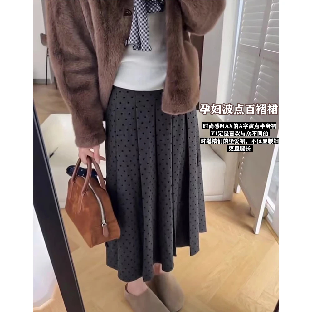 孕妇半身裙秋冬季韩版外穿毛呢波点百褶半裙高腰显瘦托腹a字裙子