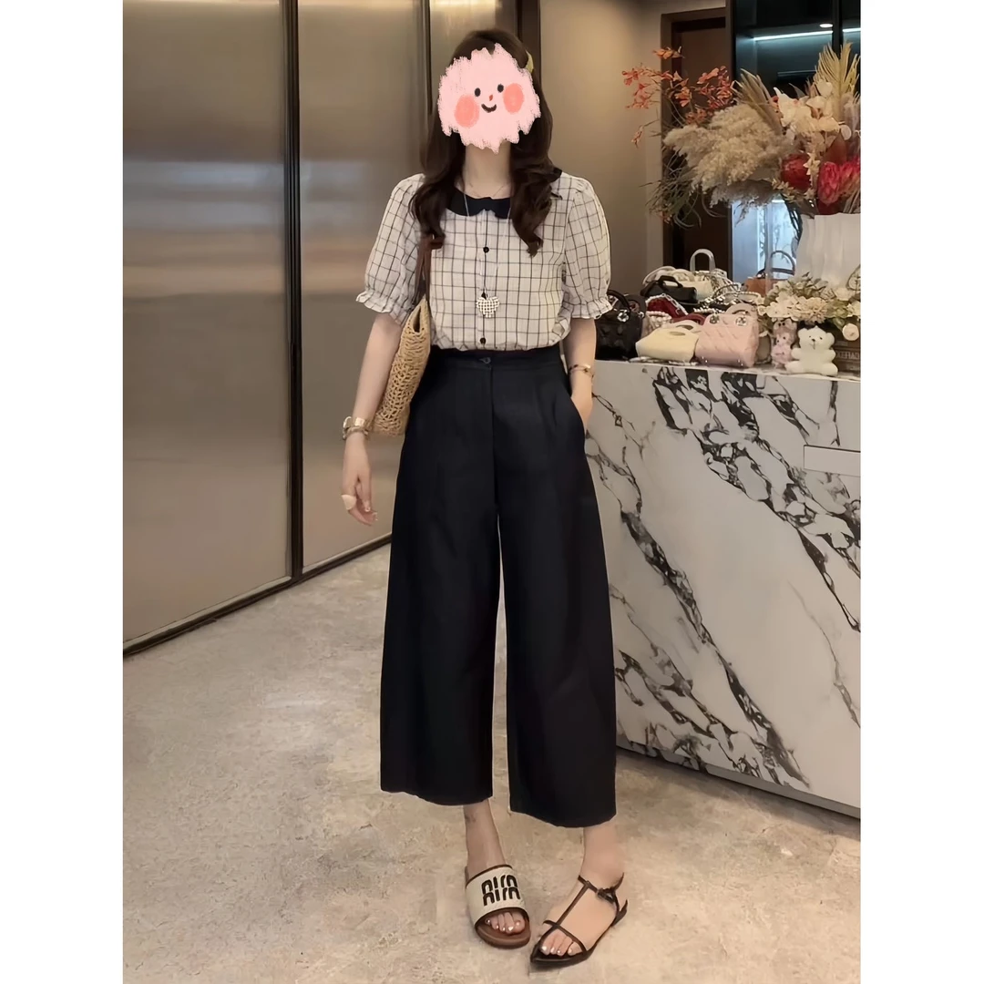 2025夏季时尚洋气休闲气质减龄格子上衣+裤子两件套显瘦套装百搭
