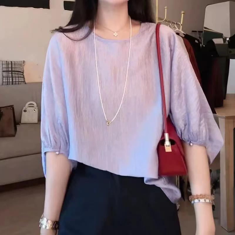 轻奢高级感褶皱纹理感圆领衬衫女轻薄上衣