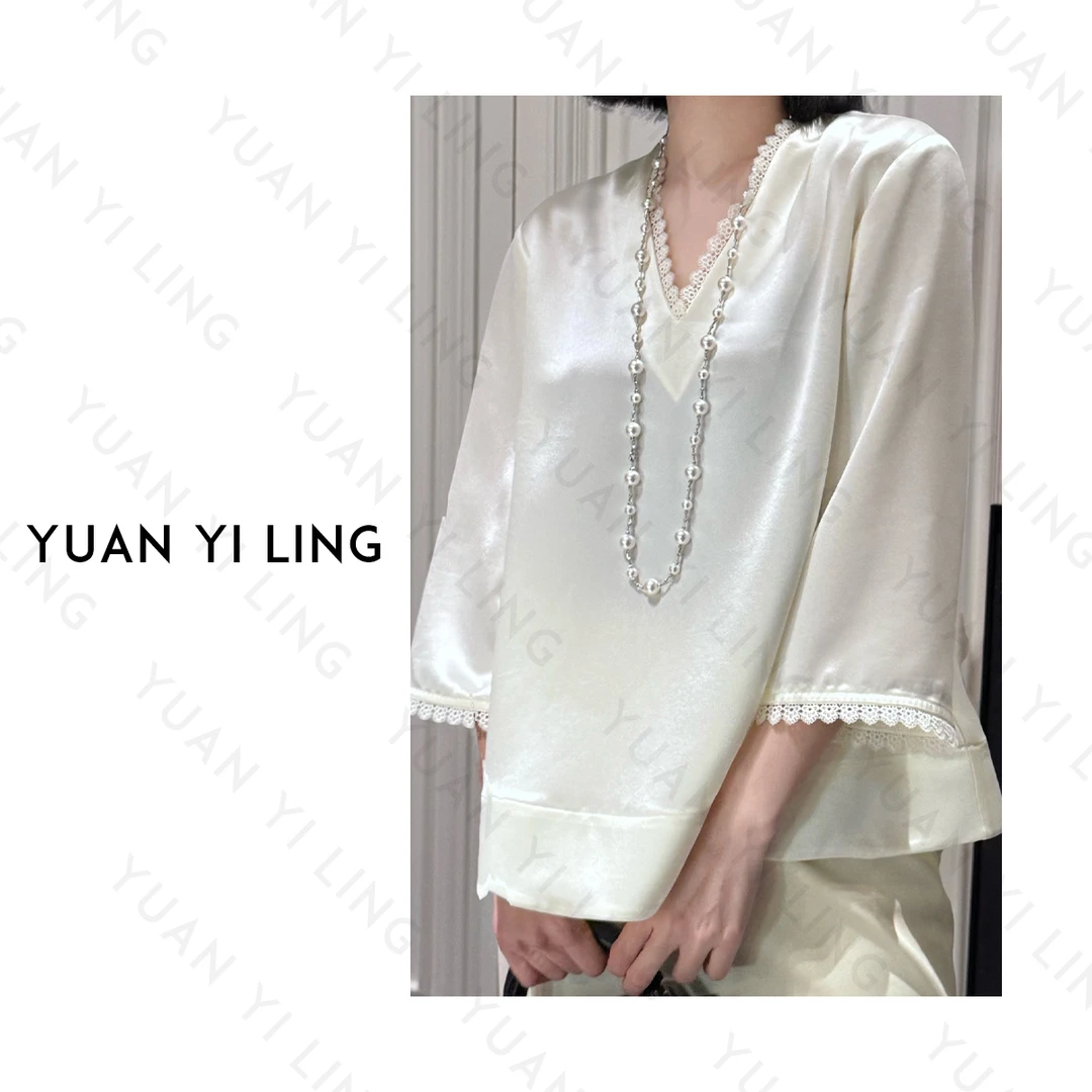 袁艺灵【清迈假期】25春夏上新醋酸蕾丝V领拼接时尚百搭长袖女装T恤