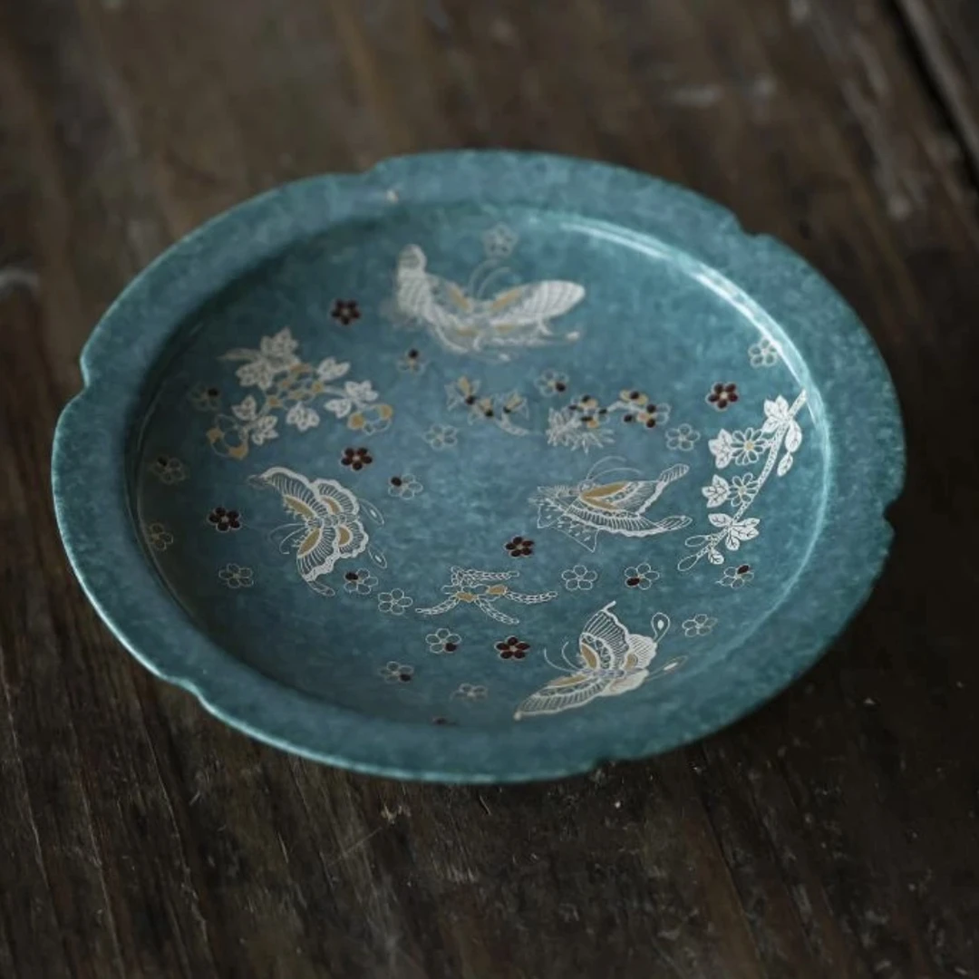 茶禾 撒蓝天青釉碟舞花边壶承