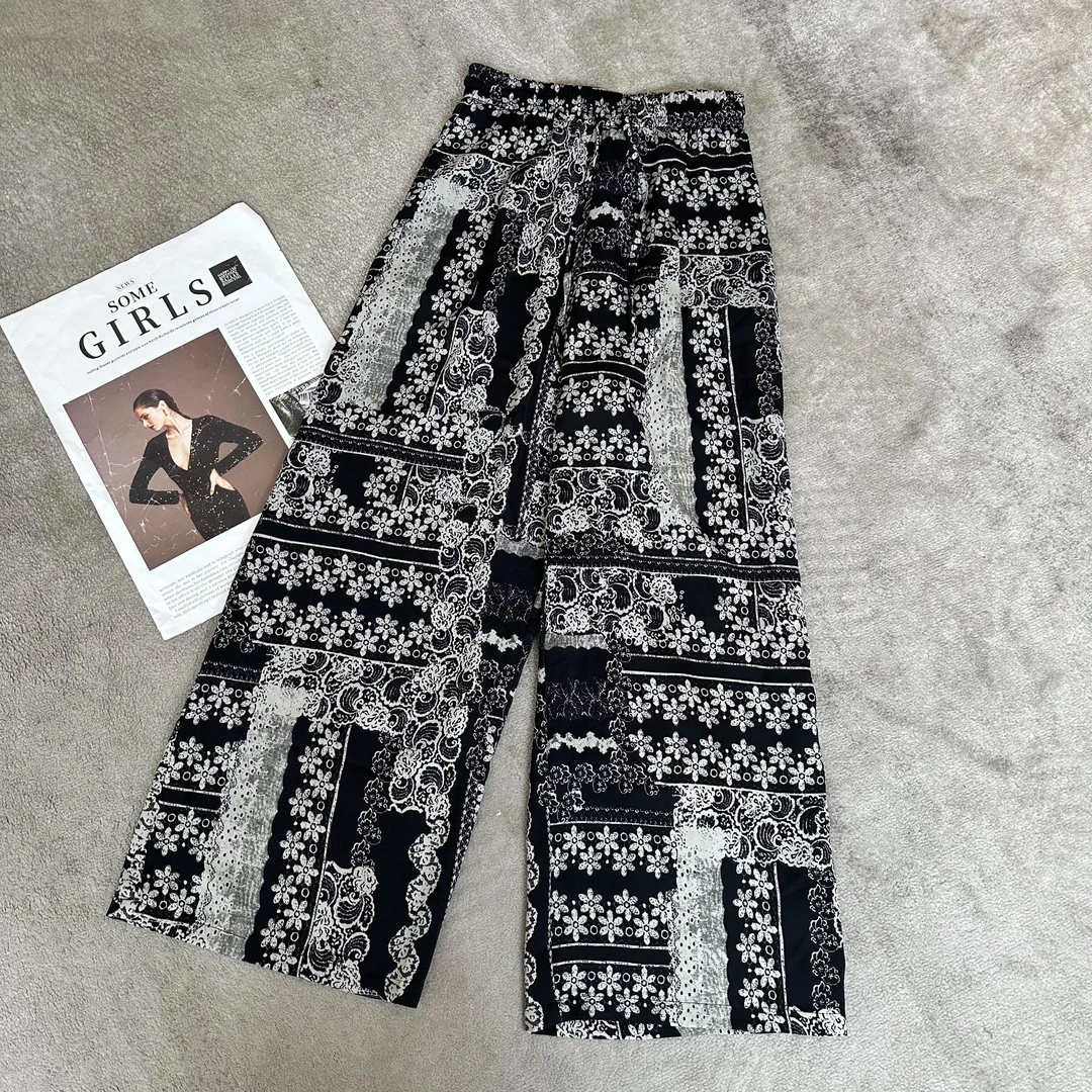 【米可家】双色定染面料夏季薄款复古花色阔腿裤6529