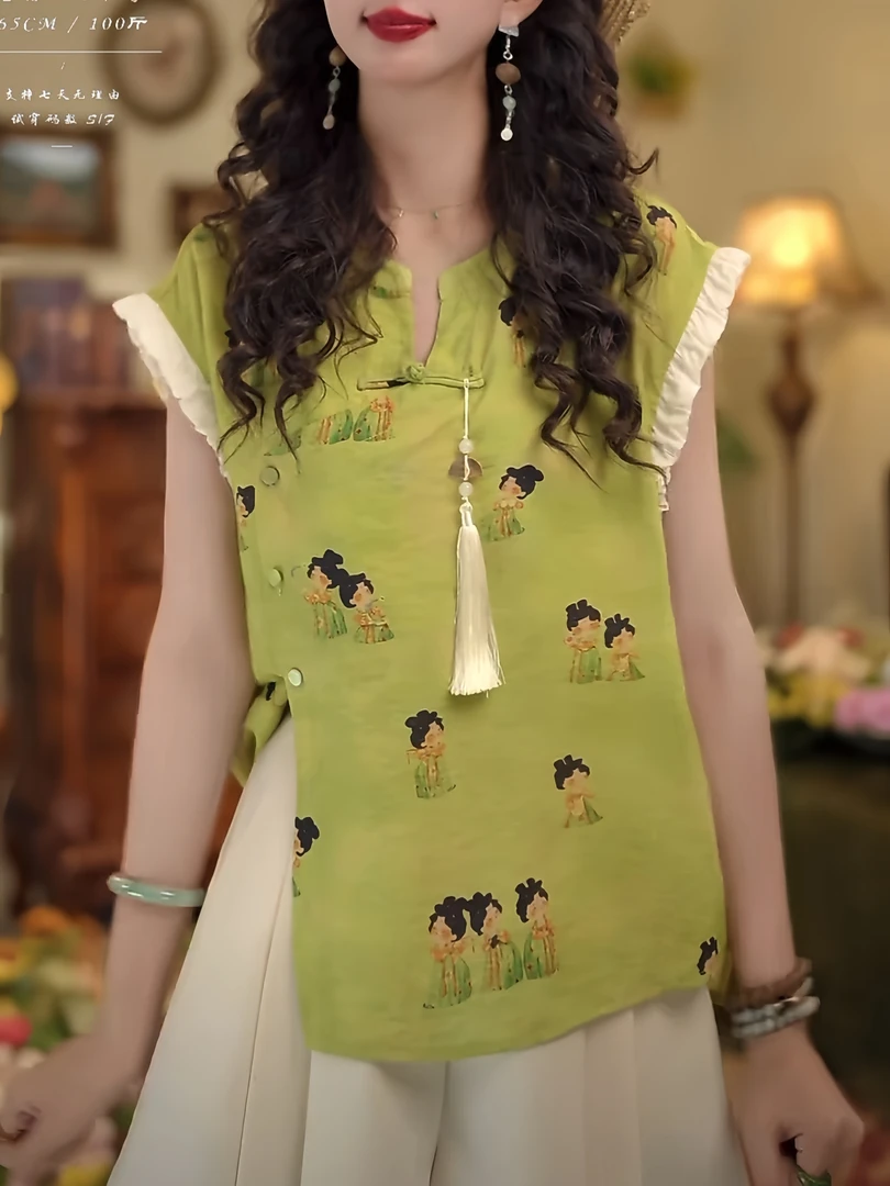 扣子家同款【清平乐】夏款无袖新中式衬衫国风印花宽松上衣 6163