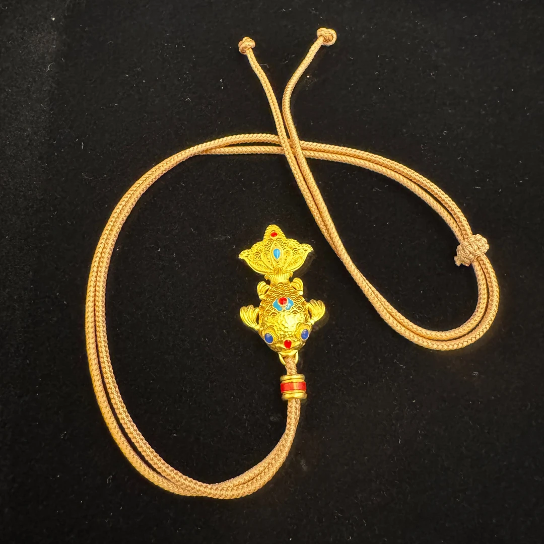 足金999黄金珐琅彩国潮花丝年年有鱼手雕纂刻古法工艺吊坠