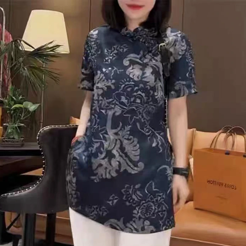 2025夏季新中式国风复古印花盘扣短袖上衣女中长款显瘦套装