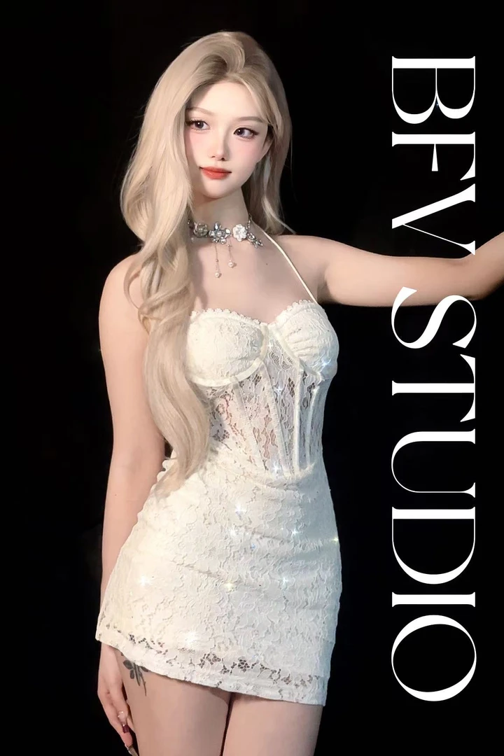 BFV STUDIO【月光芭蕾】蕾丝钢圈鱼骨挂脖带亮片包臀裙 修身性感