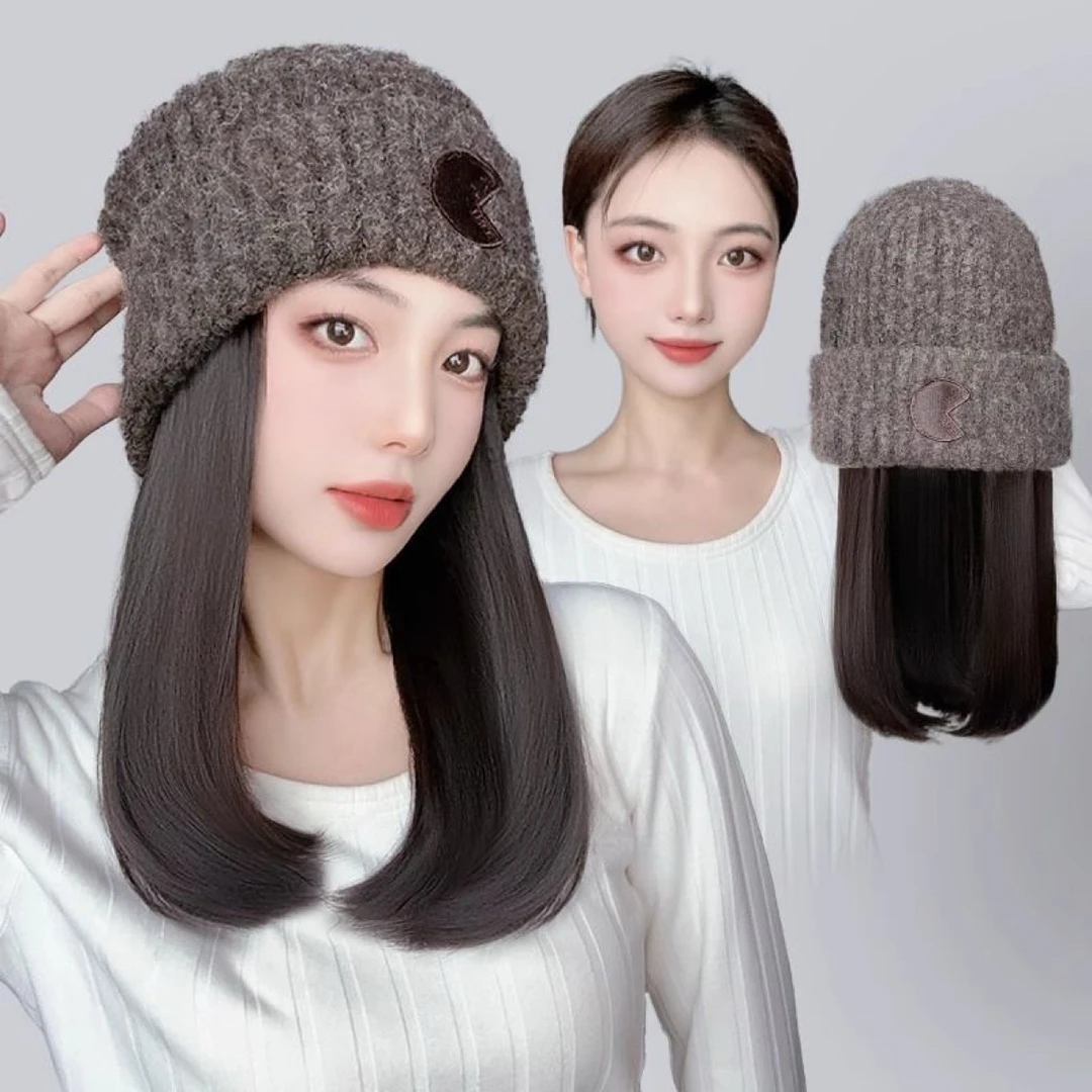 帽子假发一体女时尚秋冬季针织帽锁骨发网红毛线帽短内扣假发帽