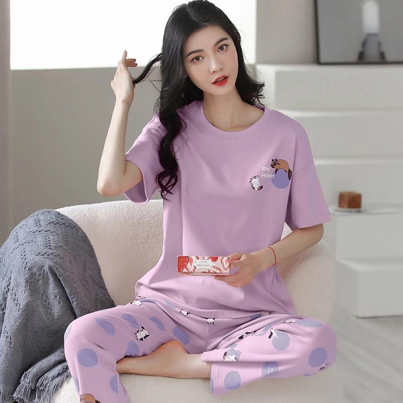 100%纯棉睡衣女夏季薄款女士短袖长裤大码休闲宽松全棉家居服套装