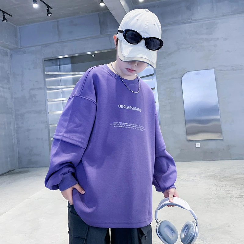 男童紫色字母假两件卫衣春秋2025新款儿童帅气休闲套头上衣中大童