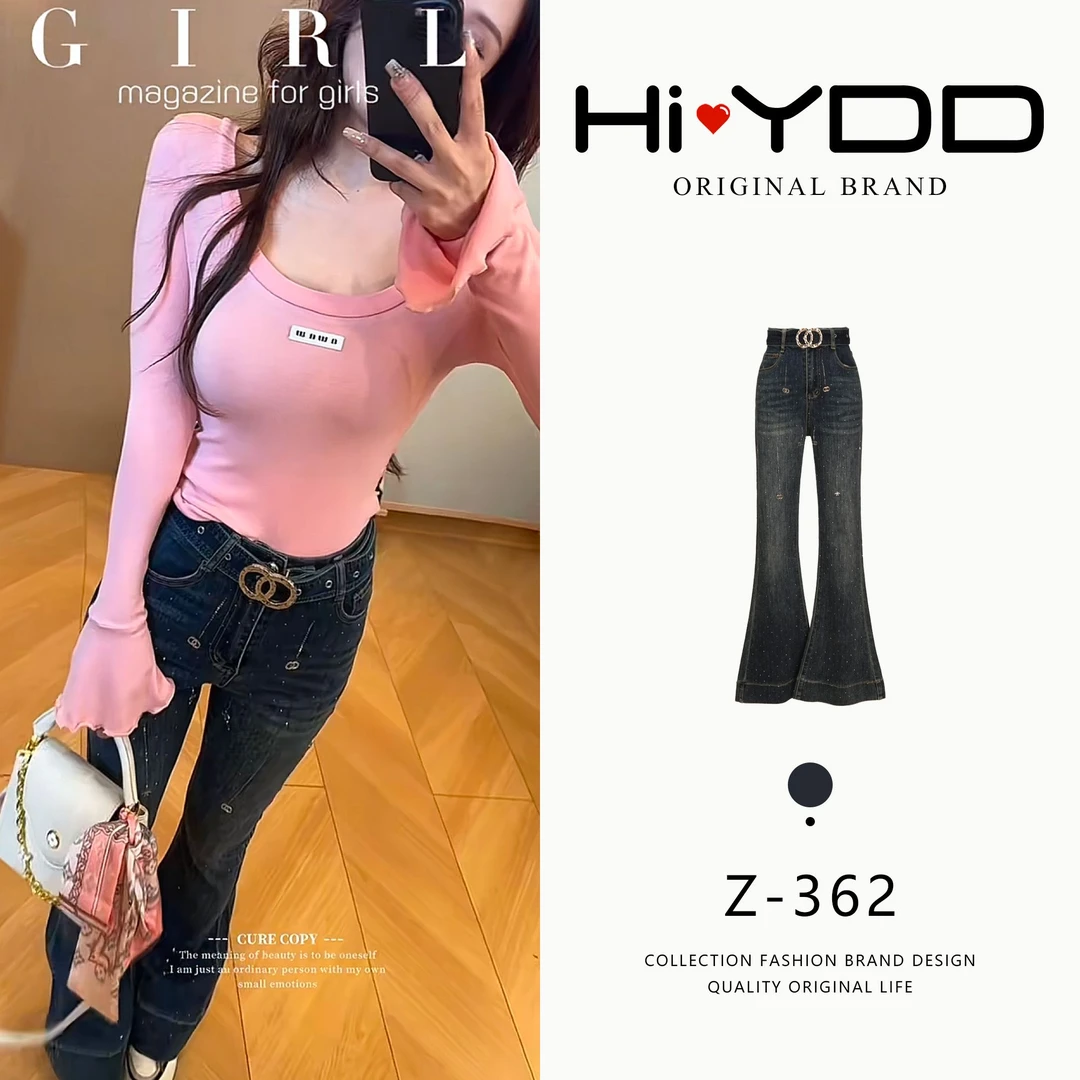 YDD•「Z-362」秋季辣妹风修身显瘦设计感复古牛仔微喇裤XM-33798