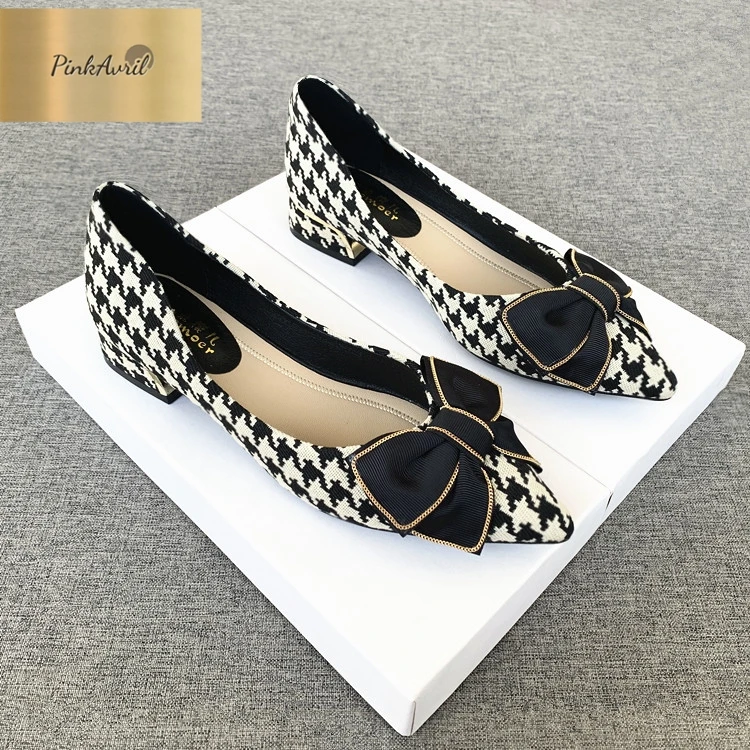 PinkAvril尖头平底单鞋女2025春季新款时尚蝴蝶结鞋子千鸟格瓢鞋