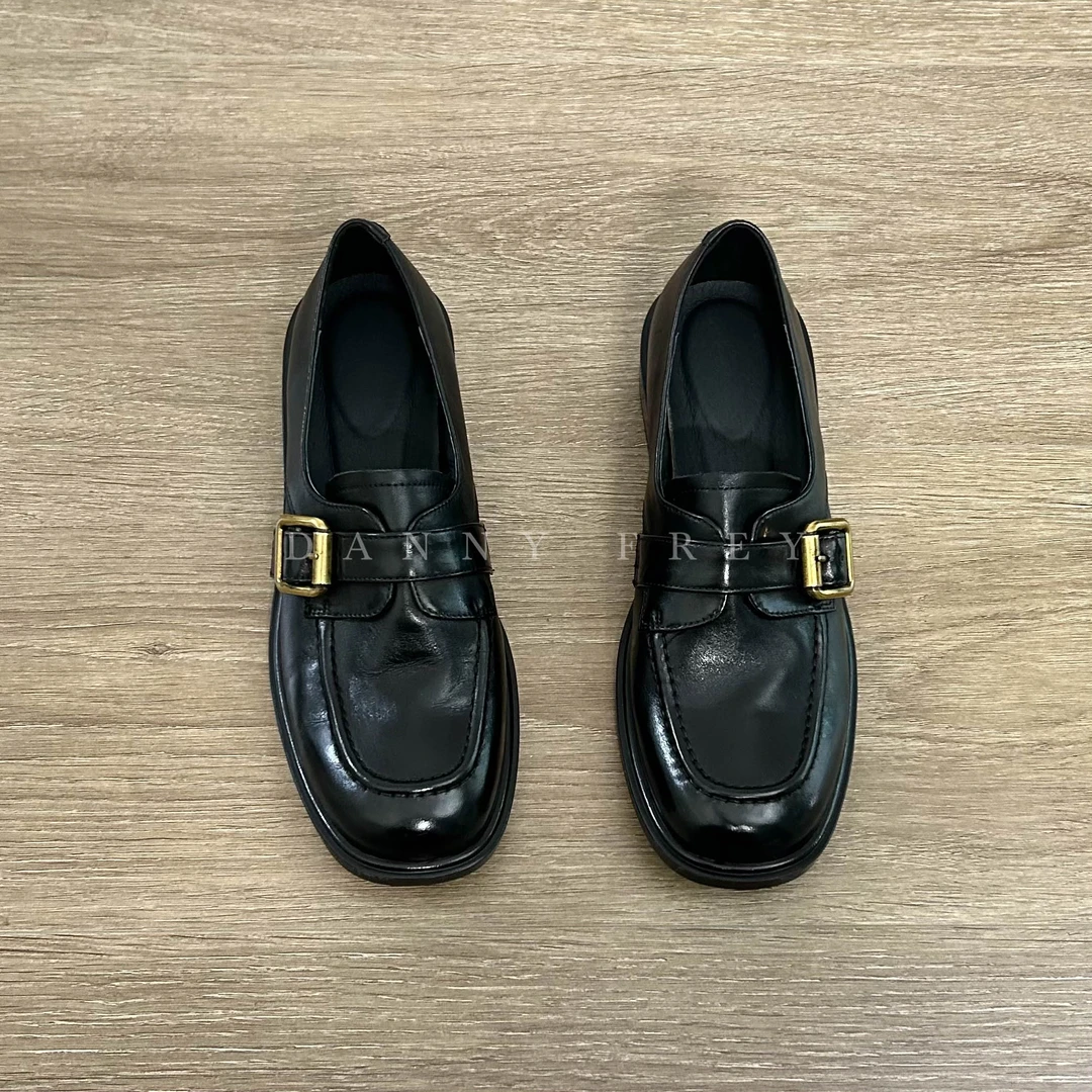 Dannyfrey英伦风格头层牛皮女休闲皮带扣通勤复古乐福鞋2.5CM