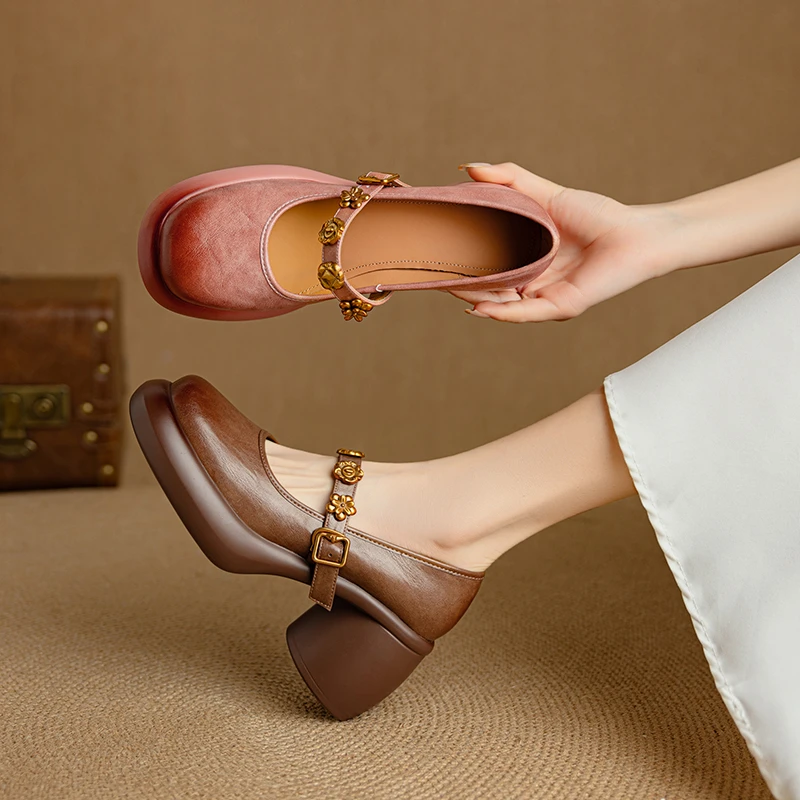 7cm时尚少女感粉色玛丽珍小皮鞋气质一字扣春秋浅口单鞋百搭真皮