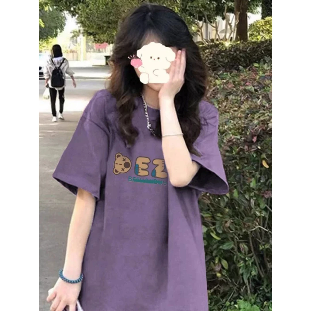 紫色大版短袖t恤女2025新款夏季中长款宽松印花时尚休闲上衣