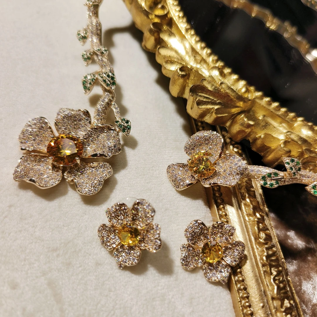 铜合金锆石项链 欧美轻奢大富贵花耳钉项圈