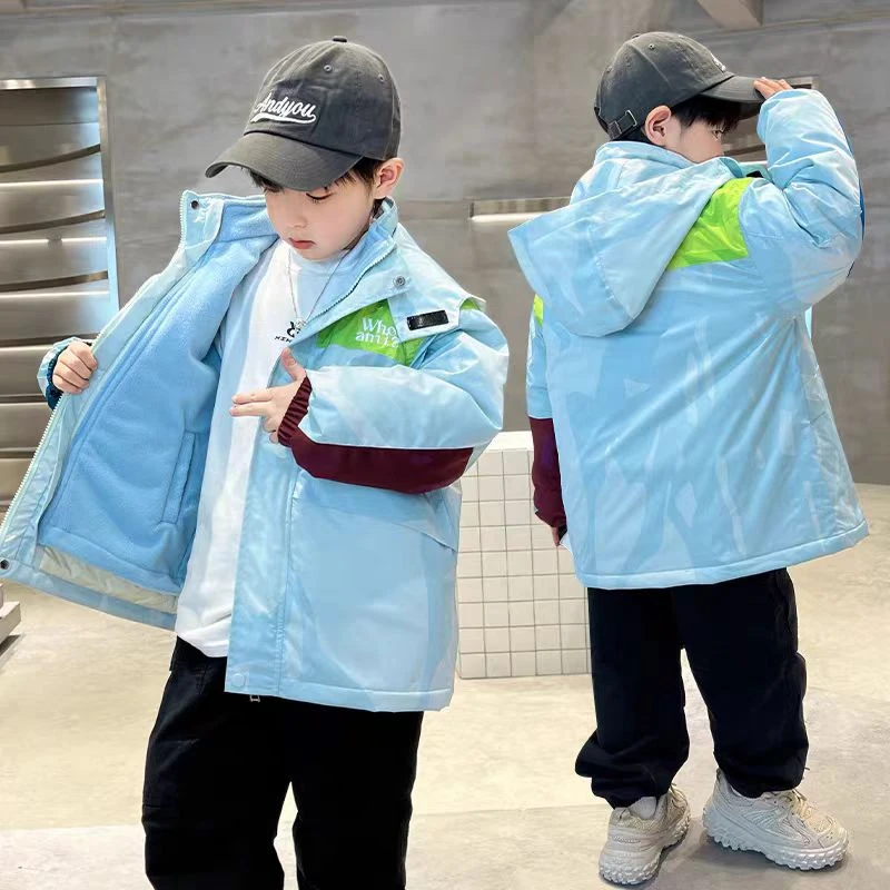 501964童装男童棉服2024冬季三合一冲锋衣连帽外套保暖夹棉外套潮