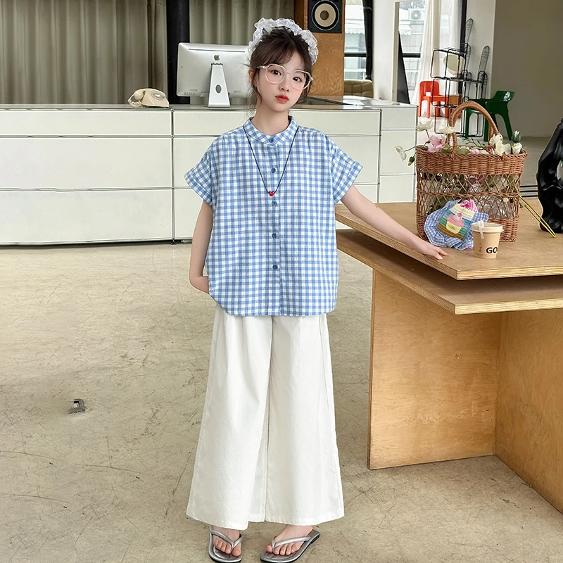 女童夏季套装2025新款洋气时尚格子短袖衬衫两件套6-12岁中大童潮