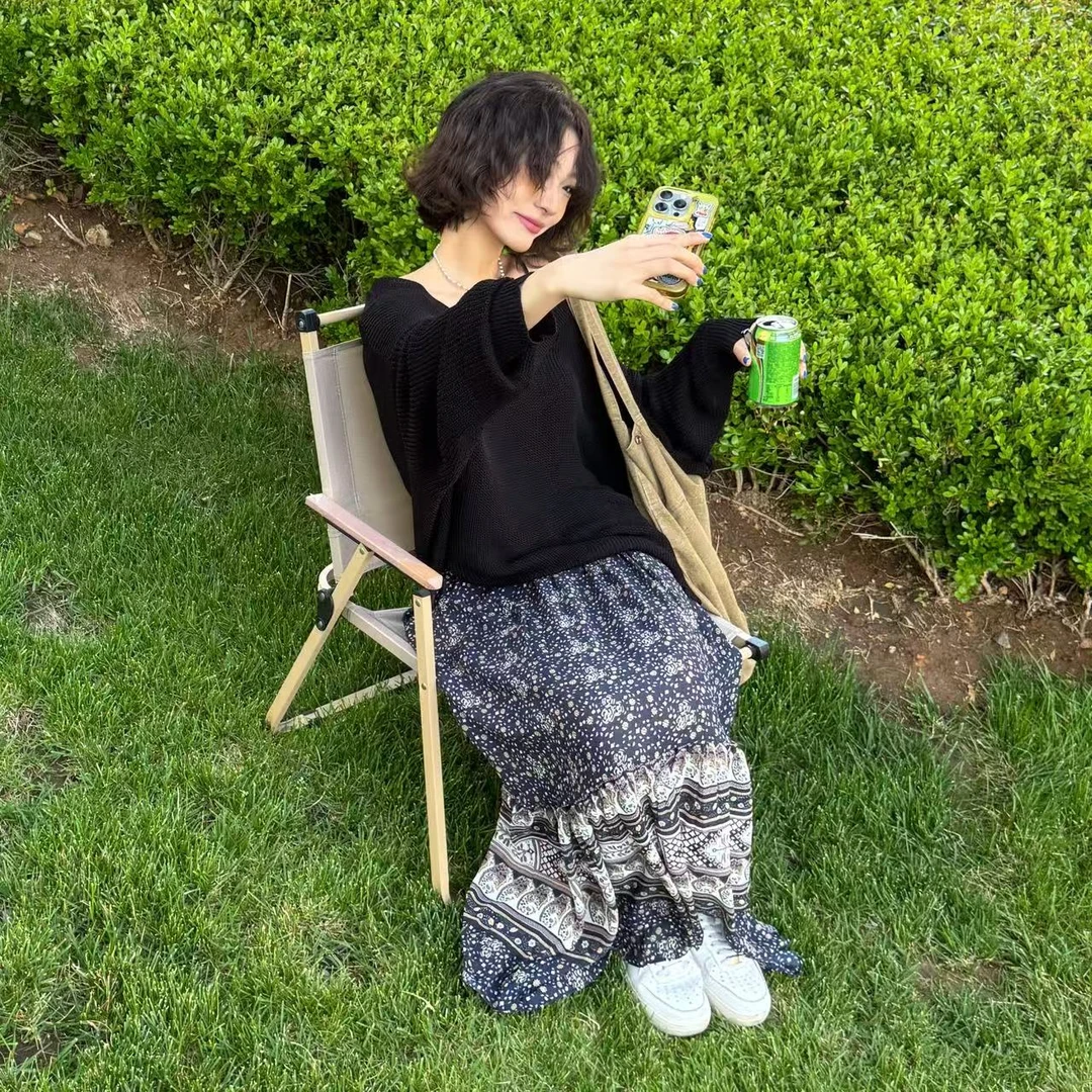 韩系拼接碎花图腾鱼尾百褶裙NO退NO换