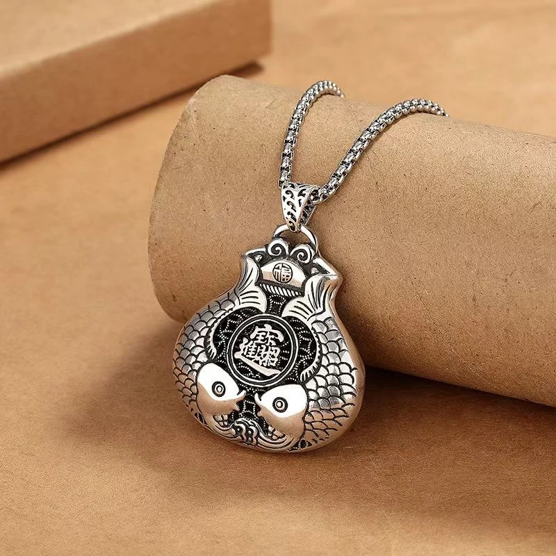 13 双鱼送福大吊坠，长款项链女士