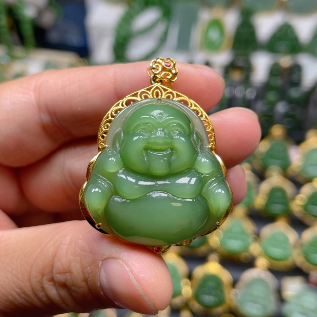 和田玉（碧玉）吊坠(不含链)18K金镶嵌