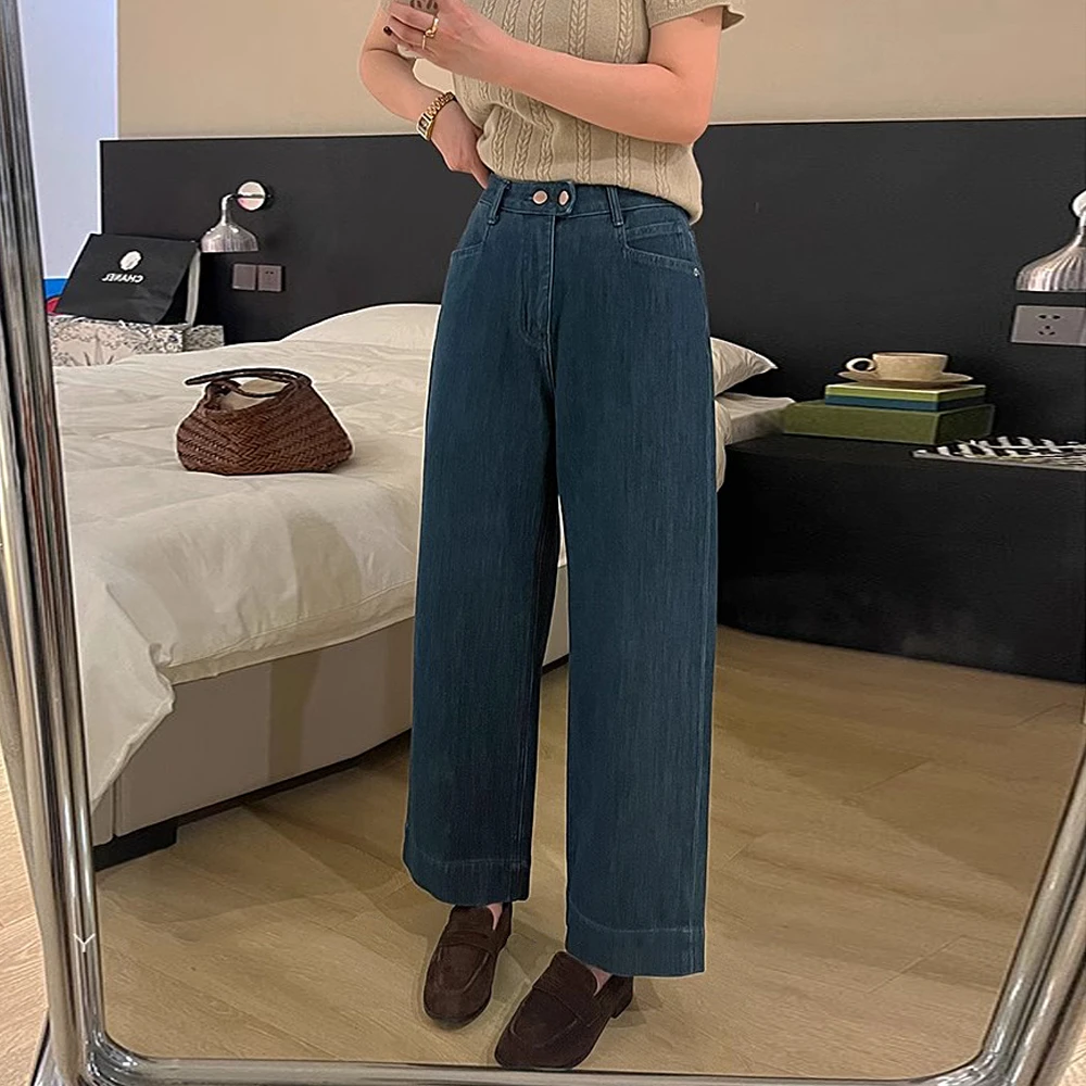 深蓝色直筒牛仔裤女春秋2025新款爆款阔腿裤宽松高腰九分奶奶裤子