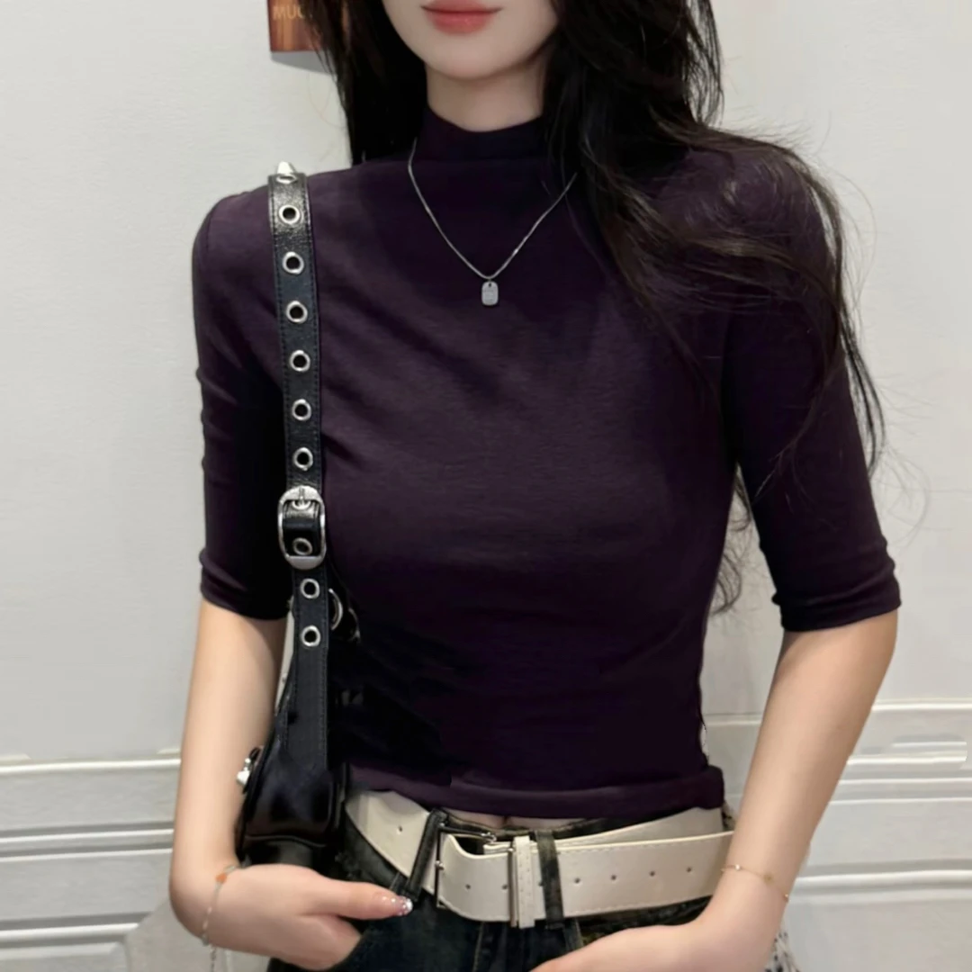 秋冬季新款韩版半高领纯色百搭修身显瘦t恤五分袖打底衫女7809