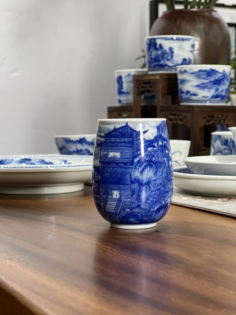 天青山房滕王阁闻香杯 景德镇高端茶器纯手绘山水釉下青花主人杯