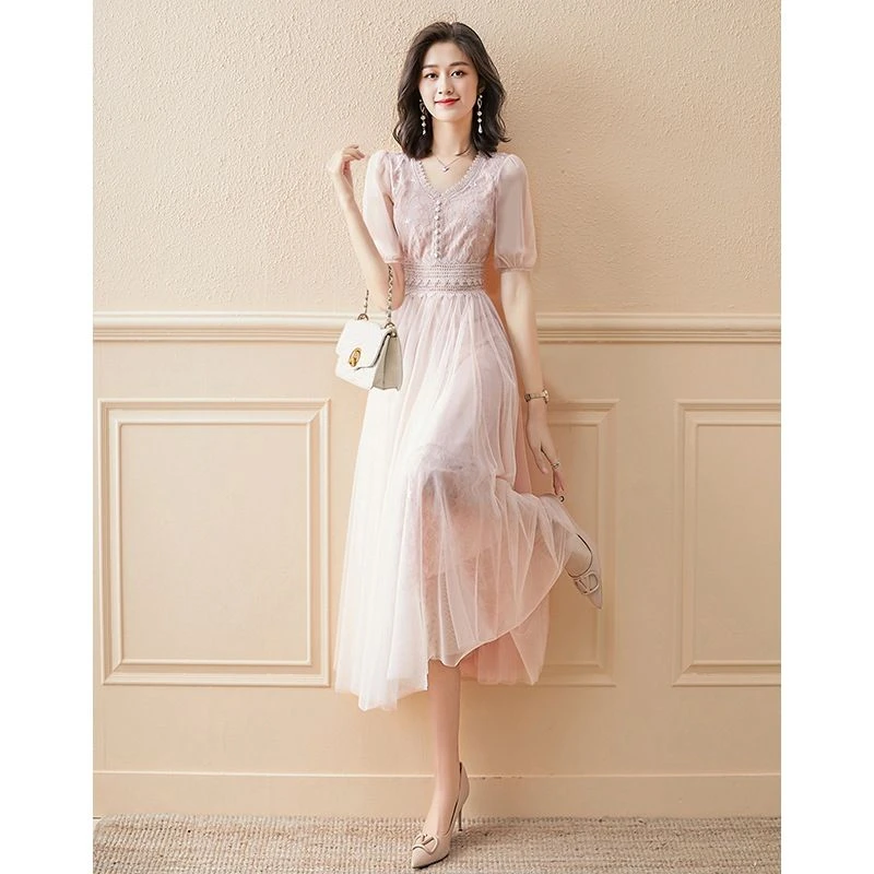 法式网纱连衣裙女2023年夏季新款高端超仙气质收腰显瘦雪纺长裙子
